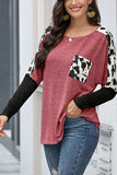 Long Sleeve Color Block Crew Neck Leopard T-Shirt Ruby