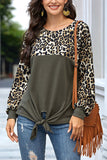 Round Neck Long Sleeve Leopard Patchwork T-Shirt Olive