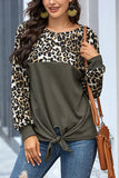 Round Neck Long Sleeve Leopard Patchwork T-Shirt Olive