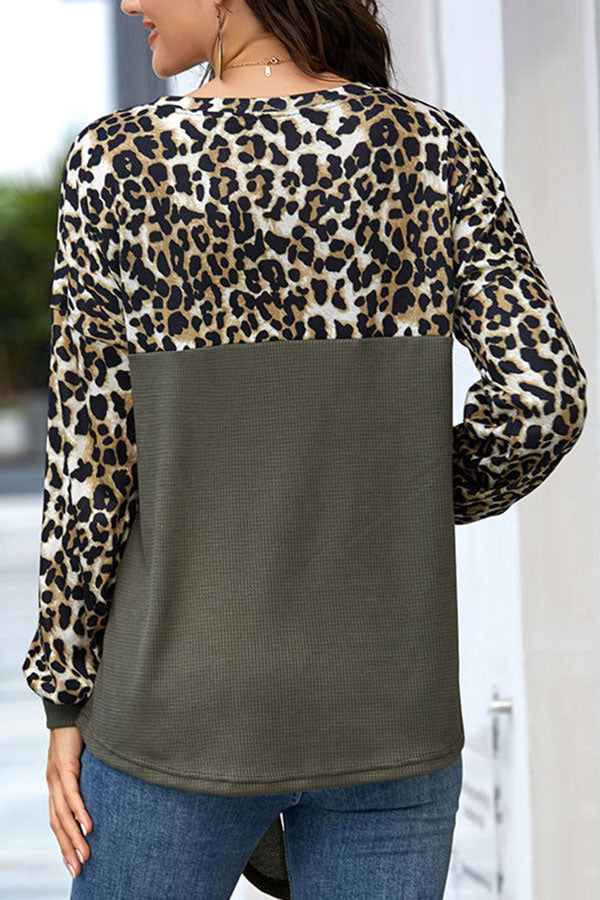 Round Neck Long Sleeve Leopard Patchwork T-Shirt Olive