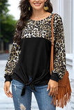 Knot Front Long Sleeve Leopard T-Shirt For Women Black