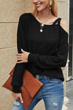 One Shoulder Long Sleeve Plain T-Shirt For Women Black