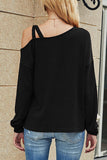 One Shoulder Long Sleeve Plain T-Shirt For Women Black