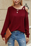 Solid Ribbed Cut Out Long Sleeve T-Shirt Ruby