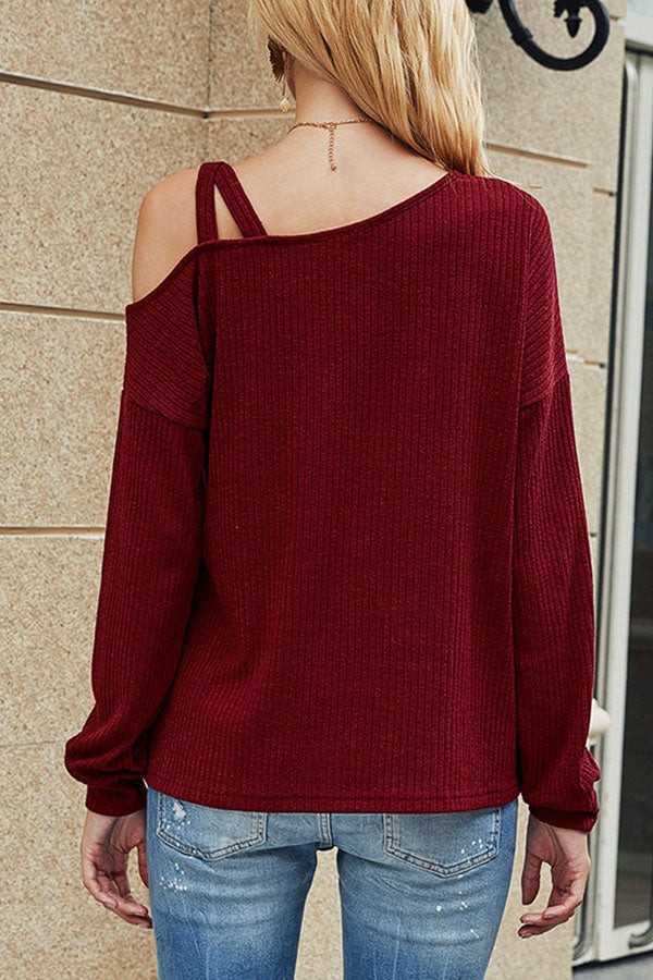 Solid Ribbed Cut Out Long Sleeve T-Shirt Ruby