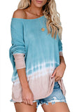 Off Shoulder Long Sleeve Tie Dye Waffle Knit Sweatshirt Blue
