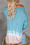 Off Shoulder Long Sleeve Tie Dye Waffle Knit Sweatshirt Blue