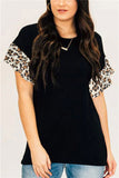 Crew Neck Leopard Print Block Tee Black