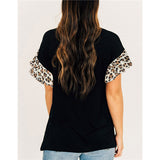 Crew Neck Leopard Print Block Tee Black