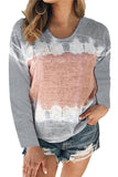Casual Long Sleeve Crew Neck Tie Dye Color Block T-Shirt Grey