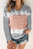 Casual Long Sleeve Crew Neck Tie Dye Color Block T-Shirt Grey