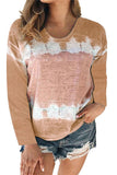 Crew Neck Long Sleeve Tie Dye Casual T-Shirt Khaki