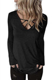 V Neck Long Sleeve Criss Cross Tee Black