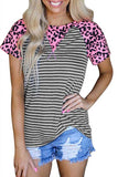 Casual Short Sleeve Leopard Print Striped T-Shirt Gray