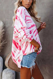 Casual Drop Shoulder Long Sleeve Tie Dye T Shirt Rose Red