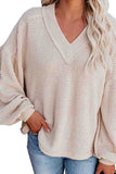 Waffle Knit V Neck Lantern Sleeve Top
