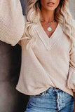 Waffle Knit V Neck Lantern Sleeve Top