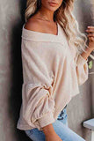 Waffle Knit V Neck Lantern Sleeve Top