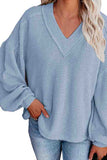 Women's Waffle Knit Lantern Sleeve V Neck T-Shirt