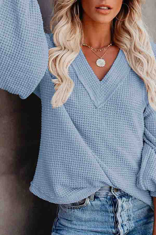 Women's Waffle Knit Lantern Sleeve V Neck T-Shirt