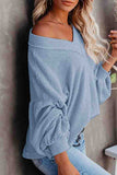 Women's Waffle Knit Lantern Sleeve V Neck T-Shirt