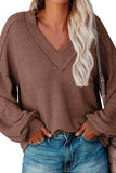 Puff Sleeve Waffle Knit V Neck Loose Blouse