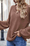 Puff Sleeve Waffle Knit V Neck Loose Blouse