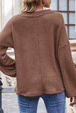 Puff Sleeve Waffle Knit V Neck Loose Blouse
