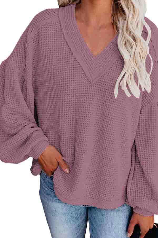 Women's V Neck Loose Waffle Knit Sweatshirt