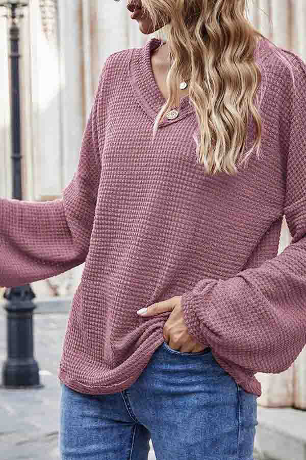 Women's V Neck Loose Waffle Knit Sweatshirt
