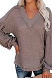 Lantern Sleeve Waffle Knit V Neck T-Shirt