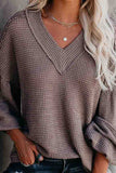 Lantern Sleeve Waffle Knit V Neck T-Shirt