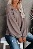 Lantern Sleeve Waffle Knit V Neck T-Shirt