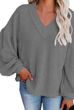 Lantern Sleeve V Neck Waffle Knit Sweatshirt For Women