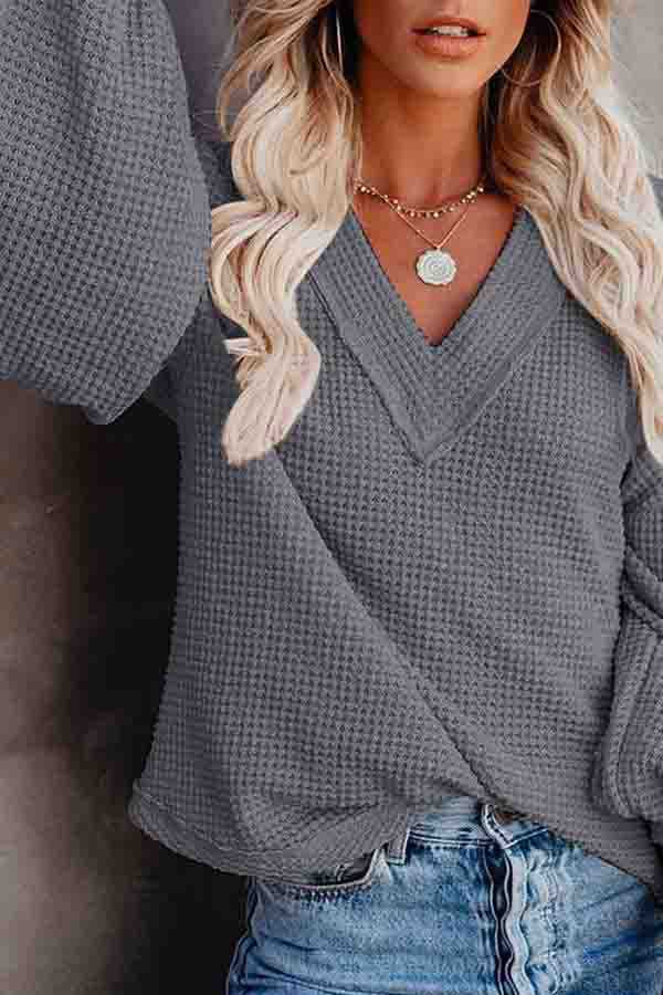 Lantern Sleeve V Neck Waffle Knit Sweatshirt For Women