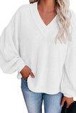Waffle Knit Lantern Sleeve V Neck Blouse