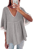 V Neck T Shirts Women Flare Sleeve Blouse