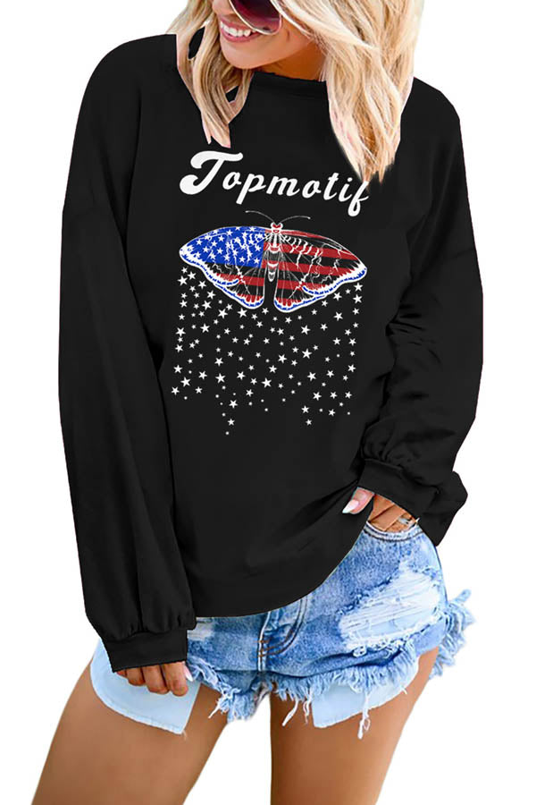 Relaxed Fit American Butterfly Print Sweatshirt Top Black