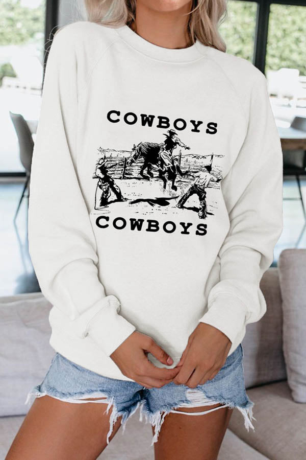 O-Neck Cowboys Print Crew Neck Oversized Sweatshirt White