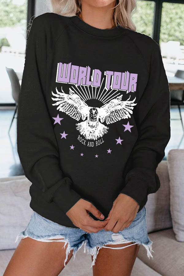 Rock And Roll Eagle Print Pullover Sweatshirt Top