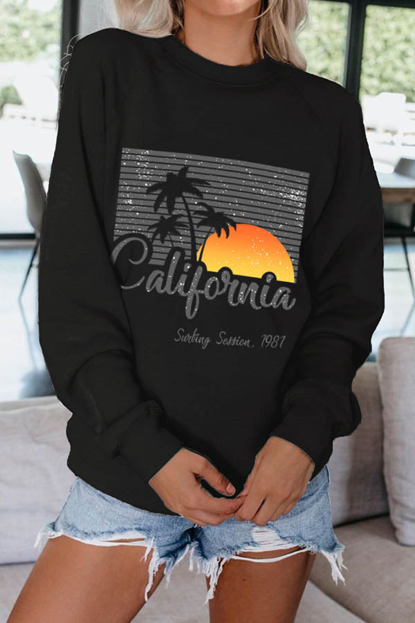 Crew Neck Long Sleeve California Sunset Pullover Sweatshirt