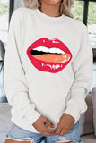 O Neck Lip Print White Sweatshirt