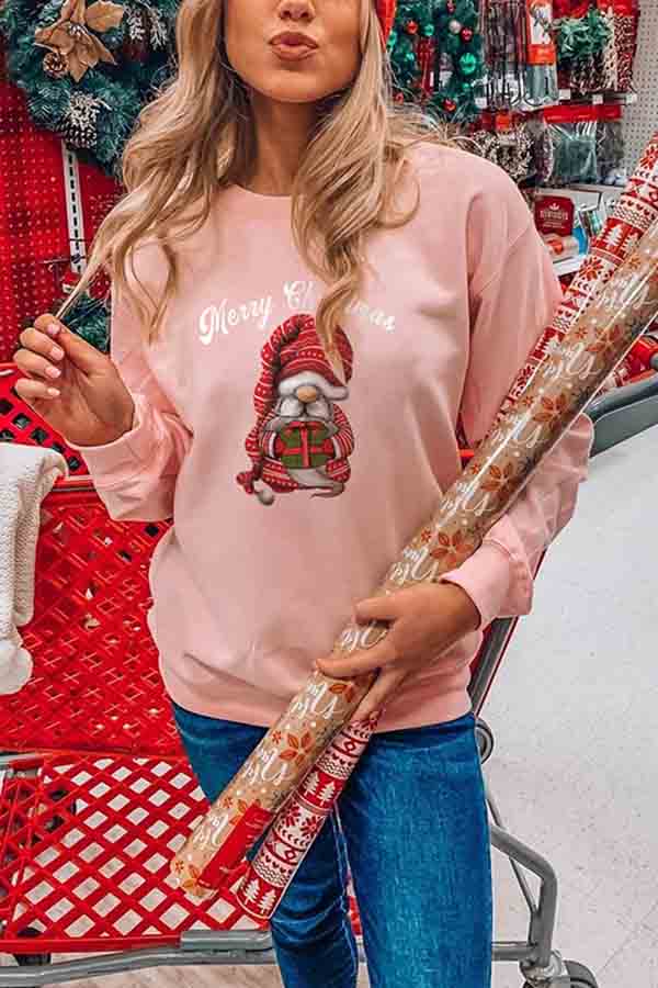 Red Christmas Gnome Women Pullover Sweatshirt Pink