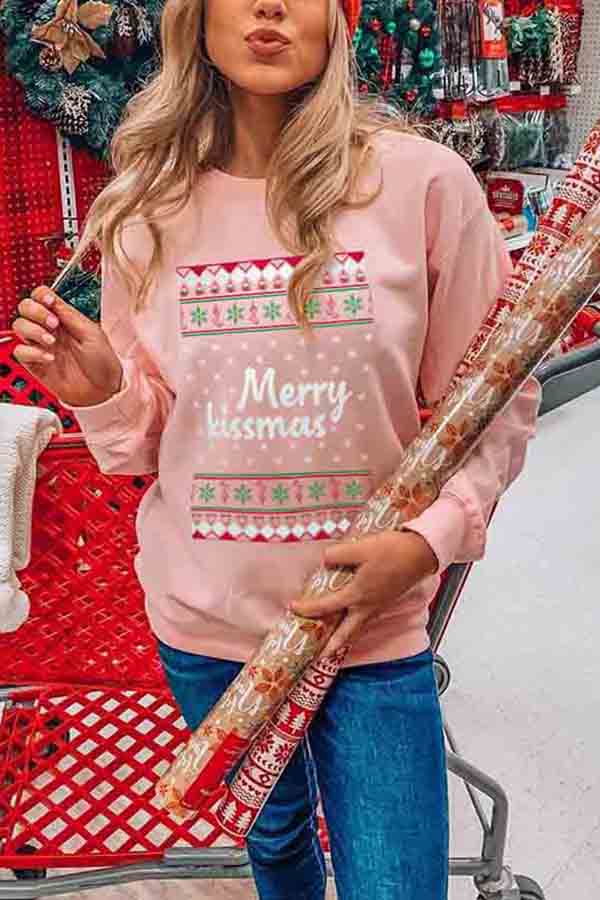 Couple Merry Kissmas Christmas Sweatshirt For Women Pink