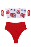 Sexy Floral Print Strapless Swimsuit Bandeau Top High Waisted Bikini Set