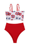 Sexy Floral Print Strapless Swimsuit Bandeau Top High Waisted Bikini Set