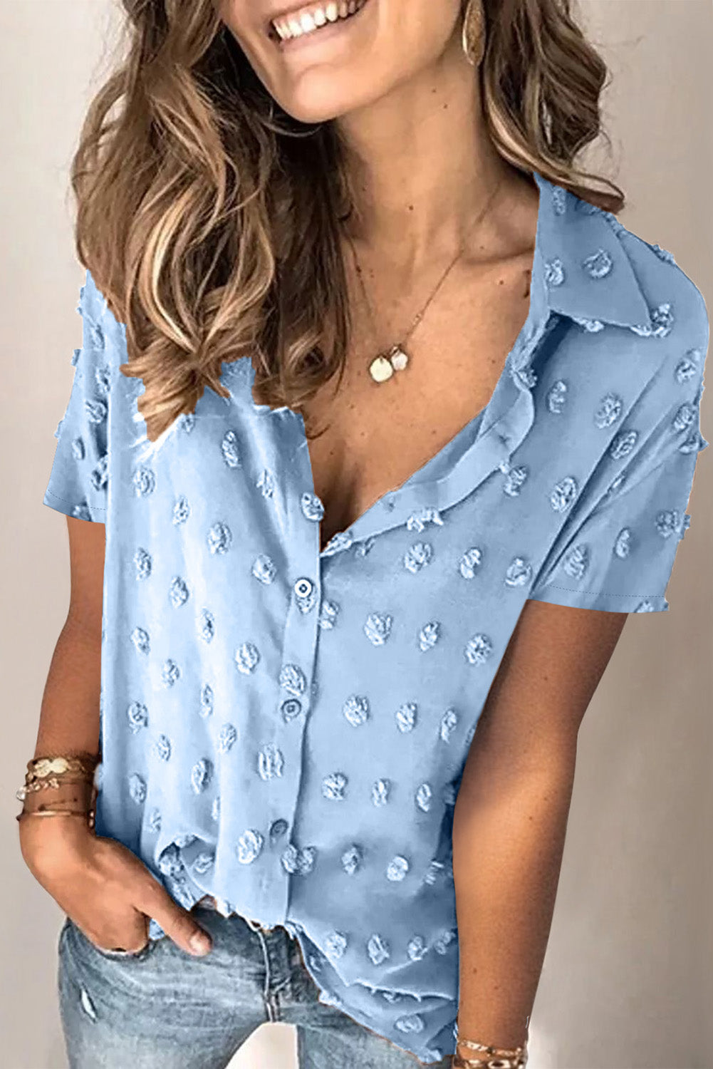 Short Sleeve Shirt For Women Swiss Dot Turn Down Collar Tops