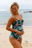 2pcs maillot de bain tankini rose à volants imprimé feuille verte