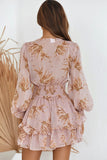 Deep V Neck Lantern Sleeve Knotted Tiered Mini Dress