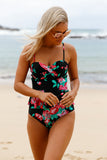 2pcs maillot de bain tankini rose à volants imprimé feuille verte